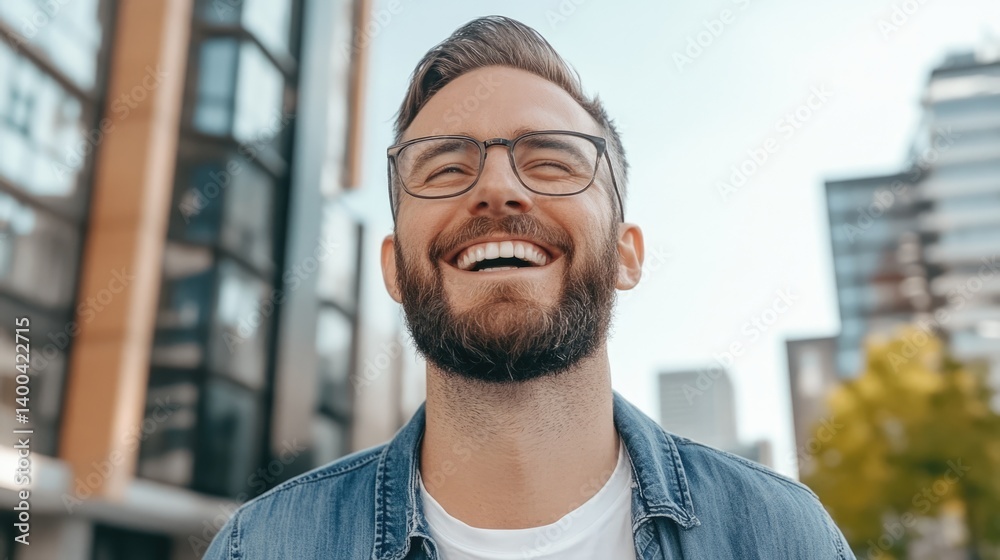 Fototapeta premium Joyful young man smiling outdoors in urban setting captured candidly for lifestyle inspiration