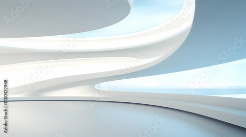 Serene white curves embracing light in a futuristic minimalist space with soft light and a cool tone palette.