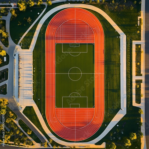 Aerial view of a multi-purpose stadium with running track and field.  Surrounded by landscaped grounds and seating areas