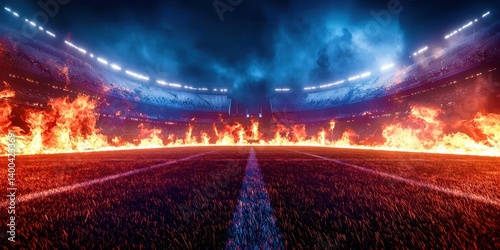 A stadium filled with fire and smoke