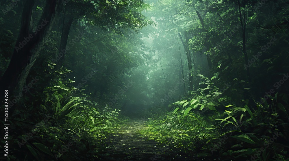 Fototapeta premium Tranquil wilderness trail close-up nature photography in a serene green forest environment