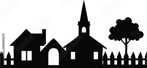 Rural Silhouette House, Church, Tree, and Fence on Transparent Background