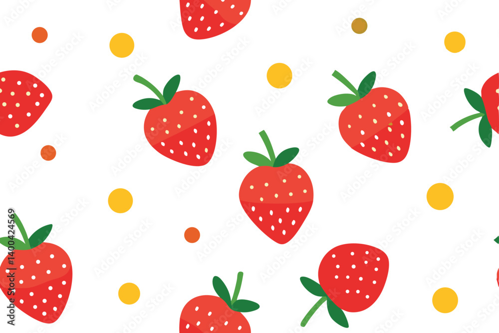 Seamless Pattern of Red Strawberries with Dots and Circles on White Background Seamless Pattern of Red Strawberries with Dots and Circles on White Background