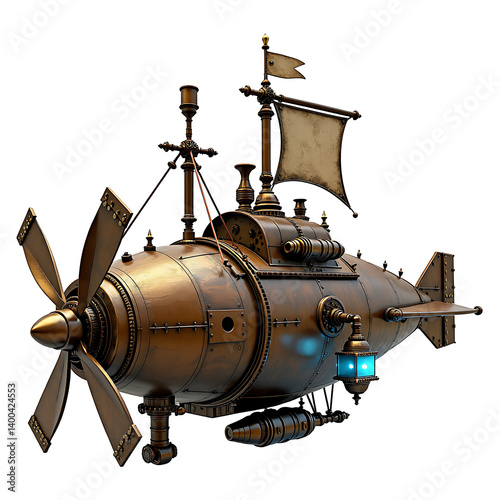 Intricate vintage steampunk submarine with propeller and lantern.