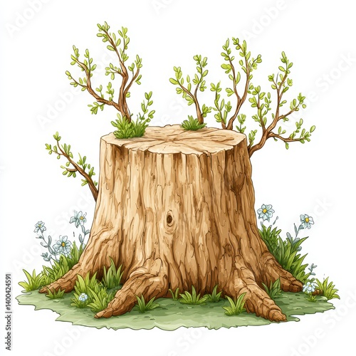 Detailed Illustration of a Tree Stump with New Spring Growth