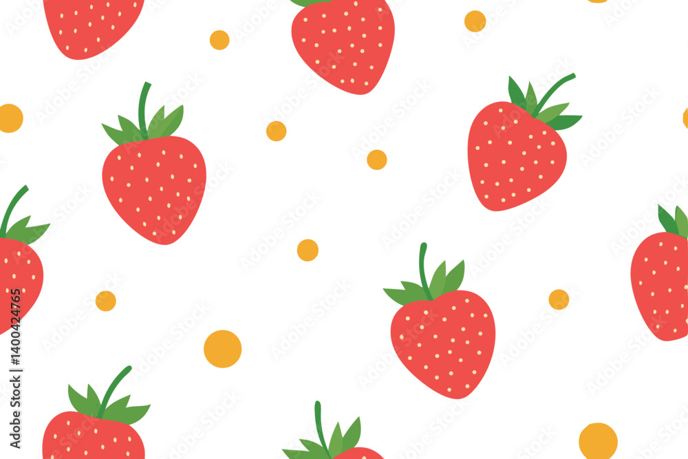 Seamless Pattern of Stylized Red Strawberries and Yellow Dots on White Background Seamless Pattern of Stylized Red Strawberries and Yellow Dots on White Background