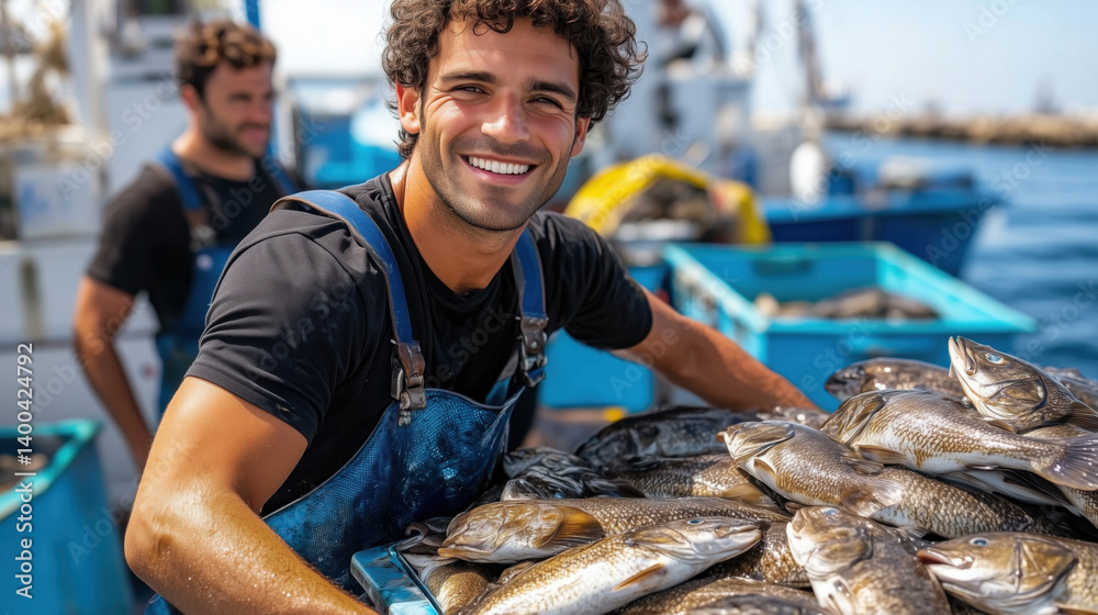 Fisherman beaming with joy while holding fresh fish aboard vibrant blue boat docked at sea. Local fish market