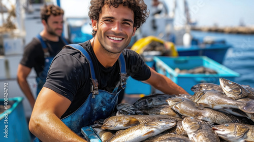 Obraz na płótnie Fisherman beaming with joy while holding fresh fish aboard vibrant blue boat docked at sea. Local fish market w salonie