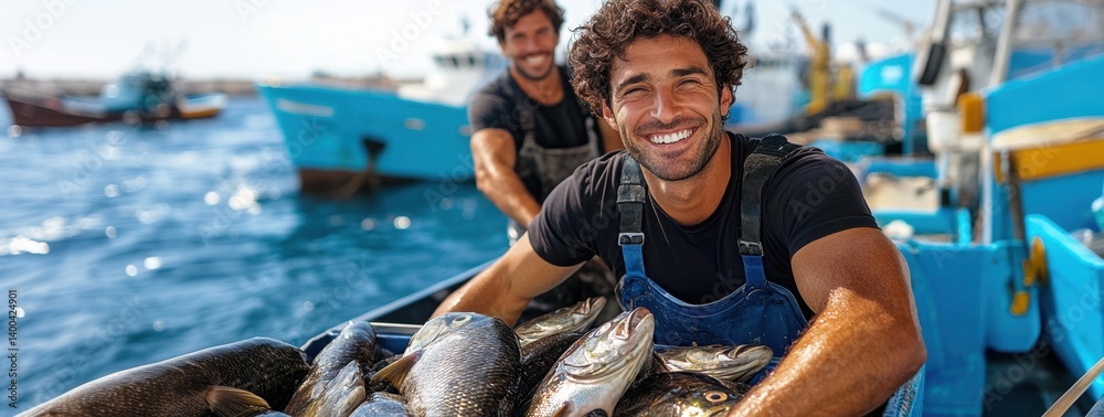 Two cheerful fishermen showing off full crates of freshly caught fish on sunny day with boats in background.