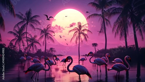 Pink sunset, flock of flamingos in tropical lagoon, palm trees