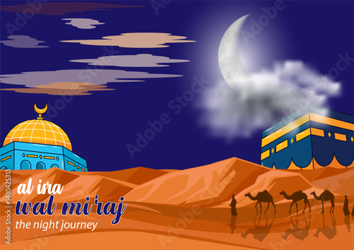 Isra wal Mi'raj The night journey of the Prophet Muhammad. Vector illustration of Isra wal Miraj for social media Greeting frame with mosque and kaaba.