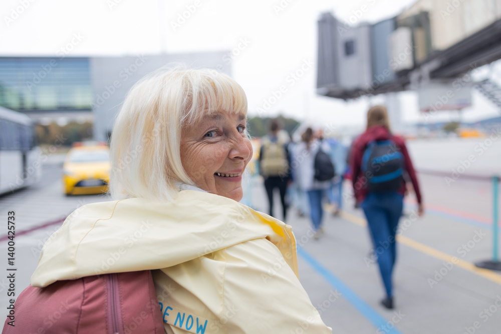 Travel, airport and excited woman with passport is going to board the plane. travel ticket and documents for immigration, journey and flight schedule. Backpack person with identity document