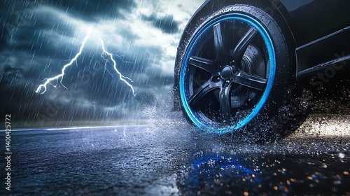 Close-up view of a car tire splashing through water during a fierce thunderstorm with lightning illuminating the sky