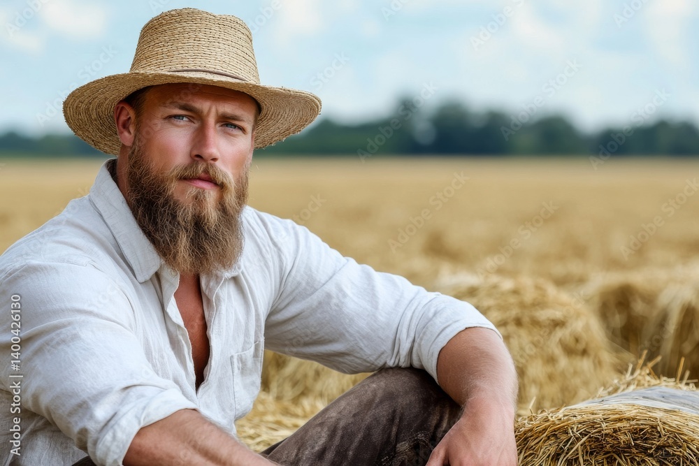 Fototapeta premium Under a sunny sky, a man relaxes on hay bales, taking in the peaceful atmosphere and warm weather, illustrating leisure, outdoor events, agriculture, and rural lifestyle