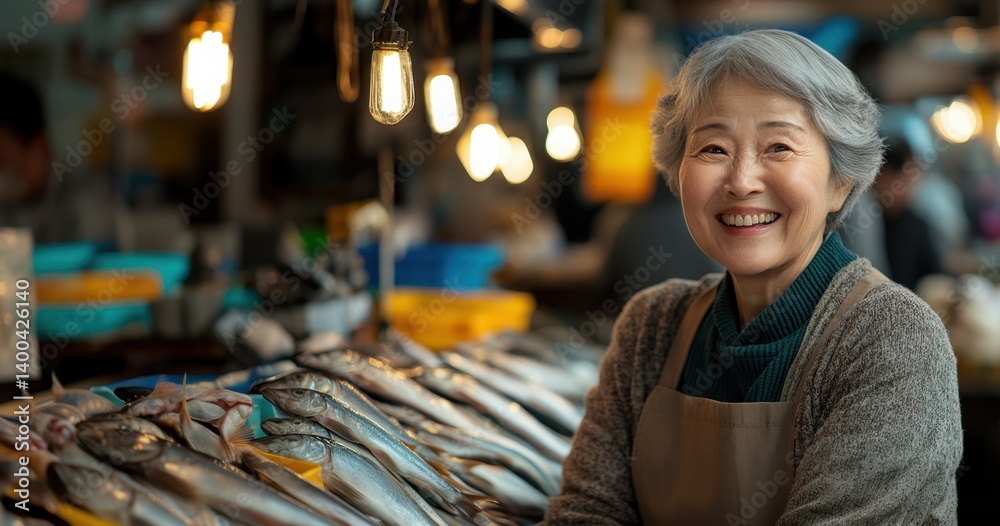 Happy Korean elderly woman standing behind fish display at vibrant local market under warm light.