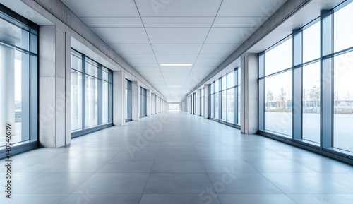 Empty modern office corridor with large windows