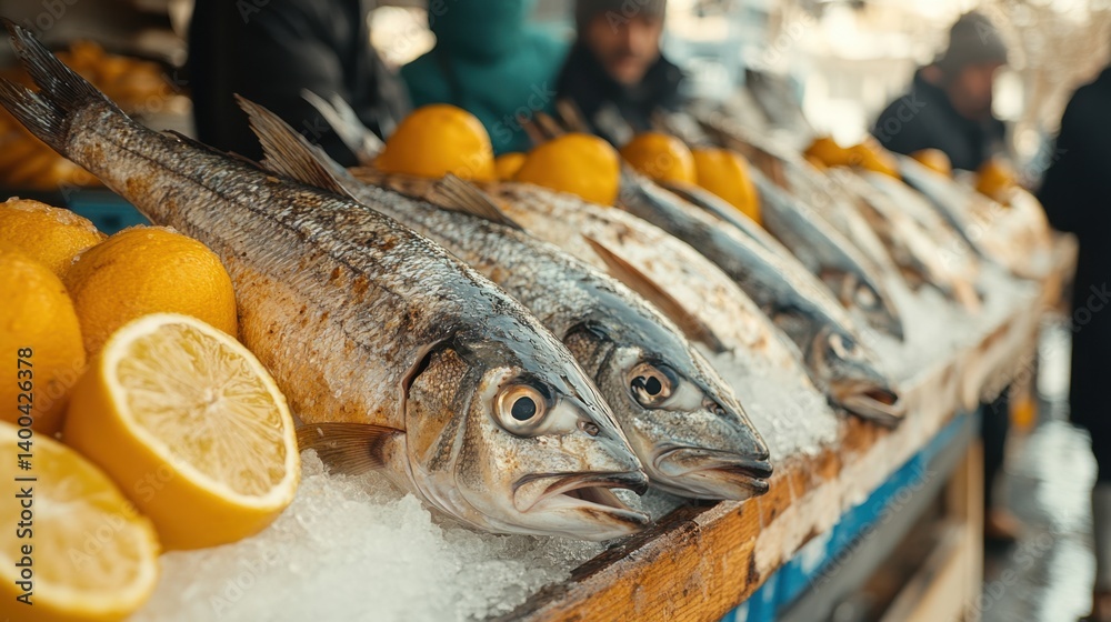 Close-up of fresh fish arranged on ice alongside lemons, with blurred people shopping in the background. Bustling market environment.