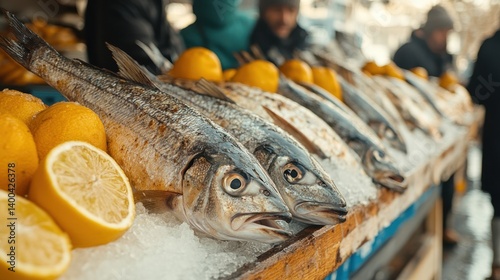Close-up of fresh fish arranged on ice alongside lemons, with blurred people shopping in the background. Bustling market environment.