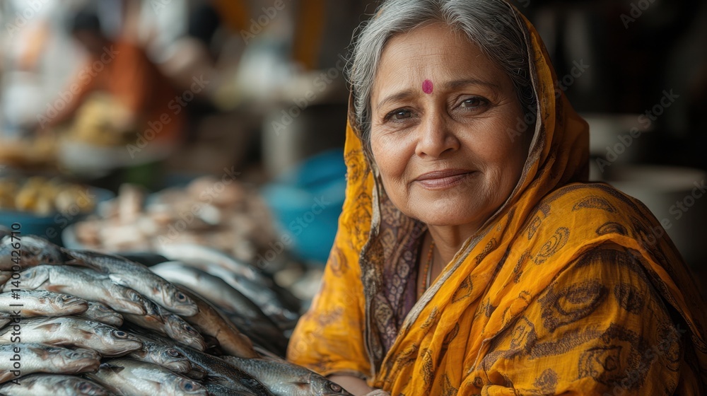 Woman with warm smile standing beside fresh fish stall in colorful market atmosphere filled with daily life energy.