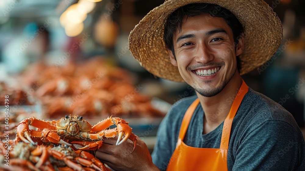 Young man in straw hat proudly holding crab in busy seafood market filled with fresh crustaceans and cheerful vibes.