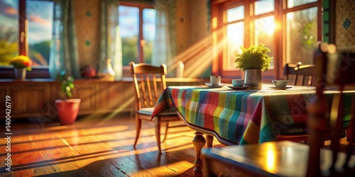 Macro Detail of Dining Room with View: Close-up Textures & Light