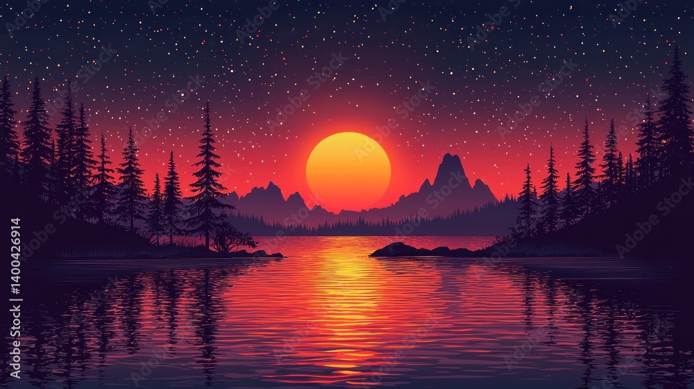 Sunset over a serene lake, mountains, and a starlit sky Sunset over a serene lake, mountains, and a starlit sky