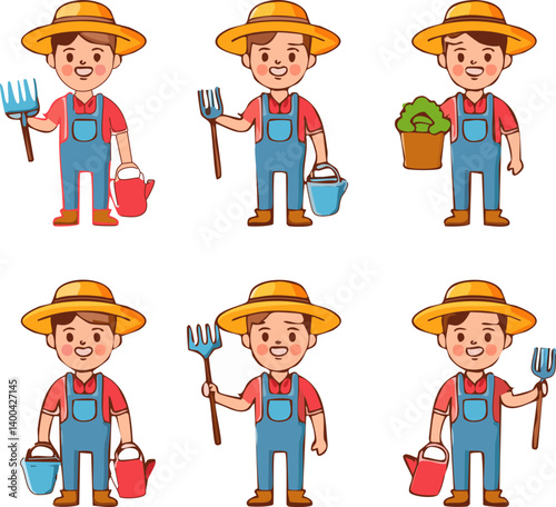 Friendly Farmer Collection: A collection of charming illustrations showcasing a cheerful farmer in various poses, embodying rural life and hard work.