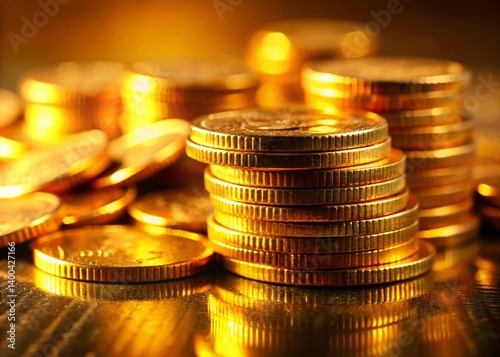 Macro Close-up of Stacked Gold Ten Dollar Coins, Wealth Concept