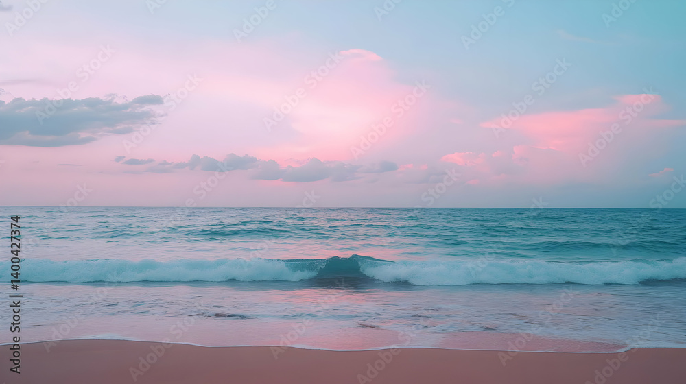 Fototapeta premium Calm Beach with Pink Sunset Sky over the Turquoise Sea Ocean Water Sand and Horizon View with a Subtle Artistic Touch