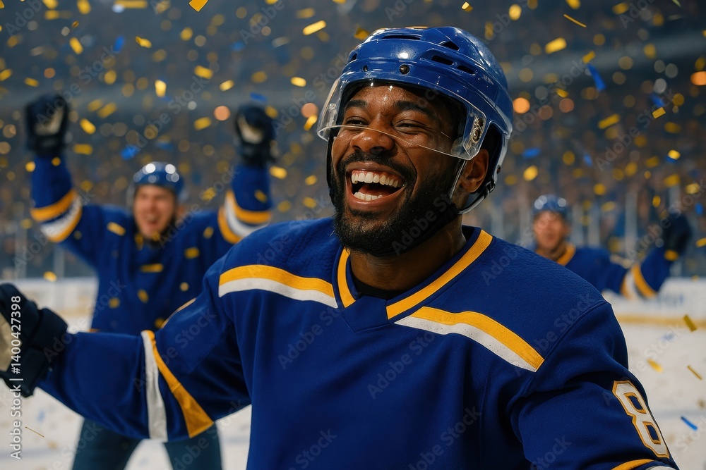 Smiling man, hockey player in blue jersey smiling with teammates celebrating in background. Successful game. Concept of sport, emotions, celebration, unity, pride