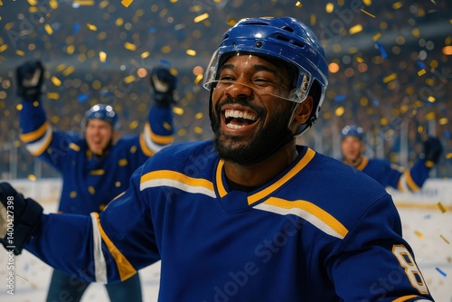 Obraz na płótnie Smiling man, hockey player in blue jersey smiling with teammates celebrating in background. Successful game. Concept of sport, emotions, celebration, unity, pride w salonie