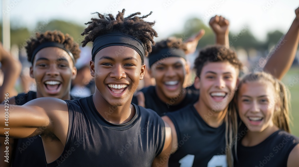 American football player smiling with teammates laughing in background. Active outdoor game with friends. Concept of sport, emotions, joy, brotherhood, success