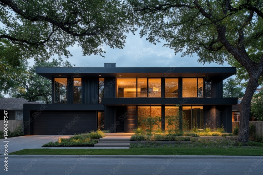 Modern, dark facade home with expansive windows, bathed in warm evening light. A contemporary residence situated on a tree-lined street Modern, dark facade home with expansive windows, bathed in warm evening light. A contemporary residence situated on a tree-lined street