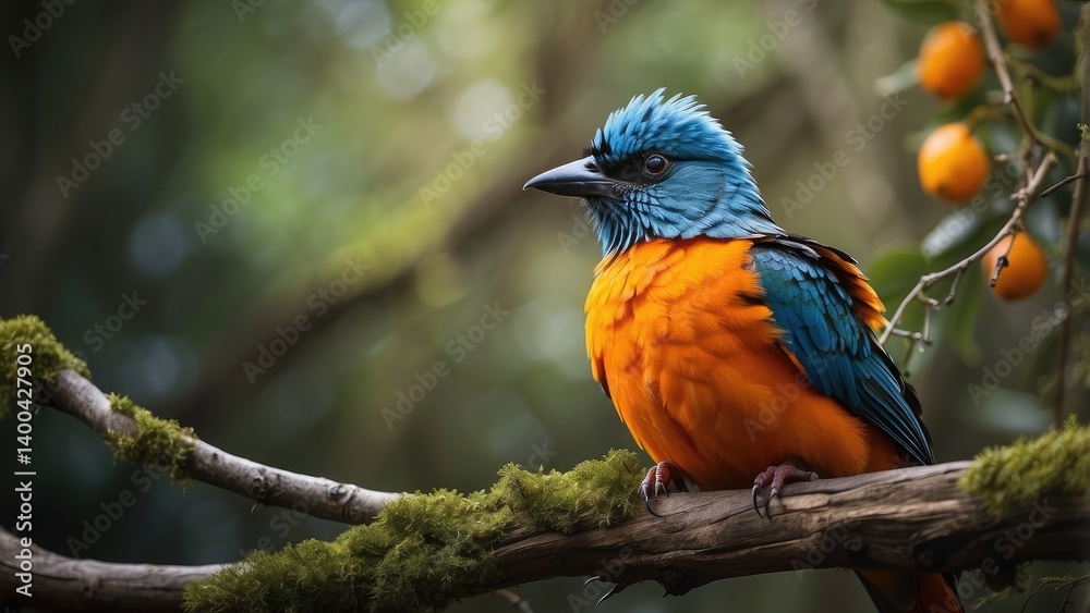 A vibrant orange and black feathered bird perched on a tree branch. A vibrant orange and black feathered bird perched on a tree branch.