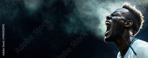 Obraz na płótnie Soccer player in white jersey yelling with passion surrounded by blue mist and spotlight. Concept of sport, emotions, drama, strength, adrenaline w salonie
