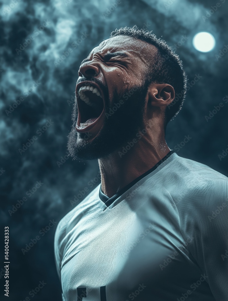Football player shouts out with full energy under heavy mist in cinematic blue-toned stadium. Concept of sport, emotions, championship, victory moment