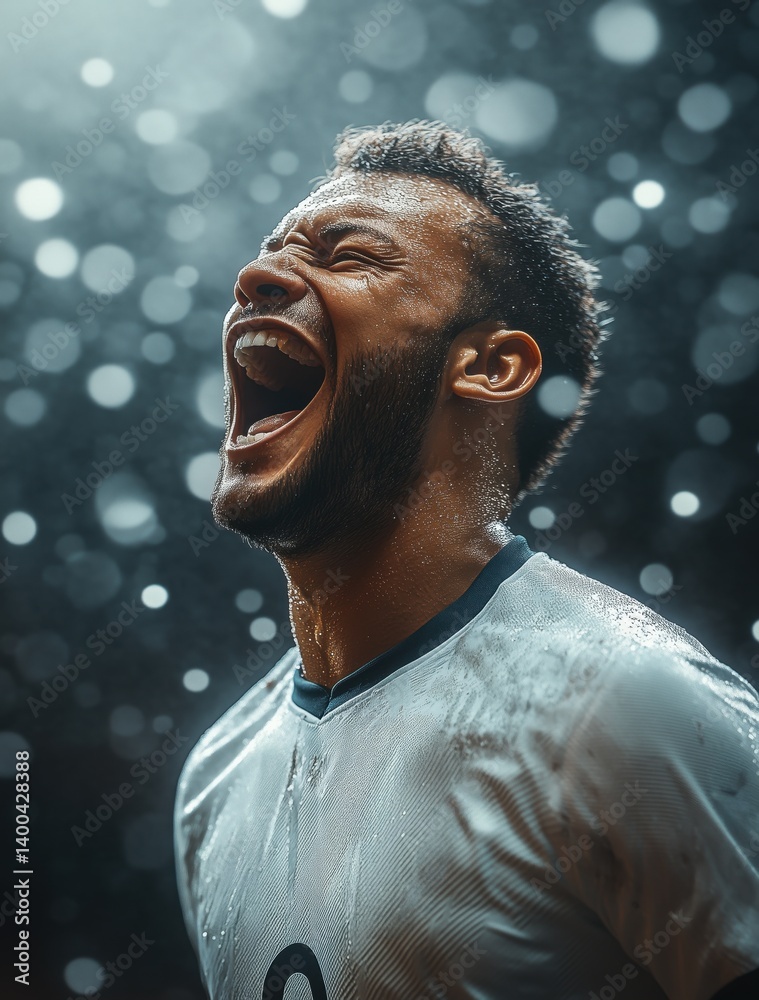 Football player screams triumphantly surrounded by light orbs in dynamic emotional portrait. Concept of sport, emotions, championship, victory moment