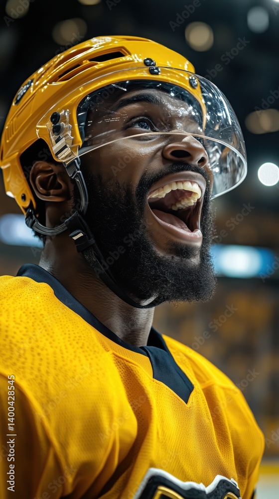 African-American man, hockey player in yellow helmet cheers wildly with joyful expression during intense game. Concept of sport, emotions, championship, victory moment