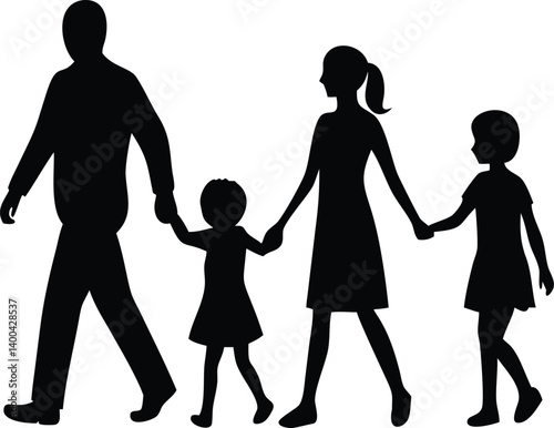Silhouette of Family Walking Together on White Background Holding Hands