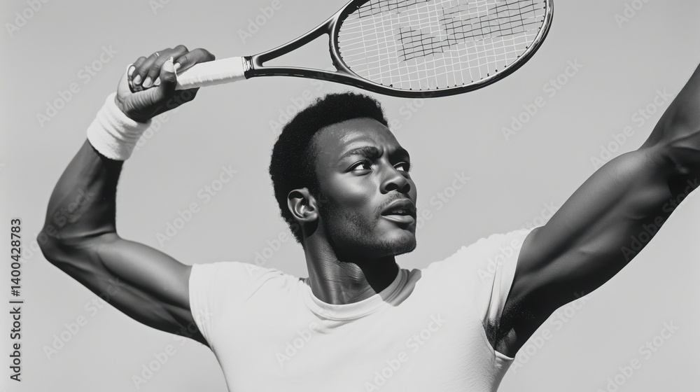 Focused man, tennis player preparing for powerful serve with dramatic lighting and sculptural muscle tension. Black and white. Concept of sport, emotions, championship, victory moment