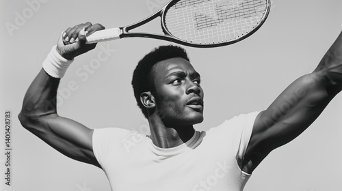 Obraz na płótnie Focused man, tennis player preparing for powerful serve with dramatic lighting and sculptural muscle tension. Black and white. Concept of sport, emotions, championship, victory moment w salonie