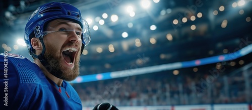 Happy, emotional man, hockey player in blue jersey shouting in stadium with confetti around. Concept of sport, emotions, championship, victory moment