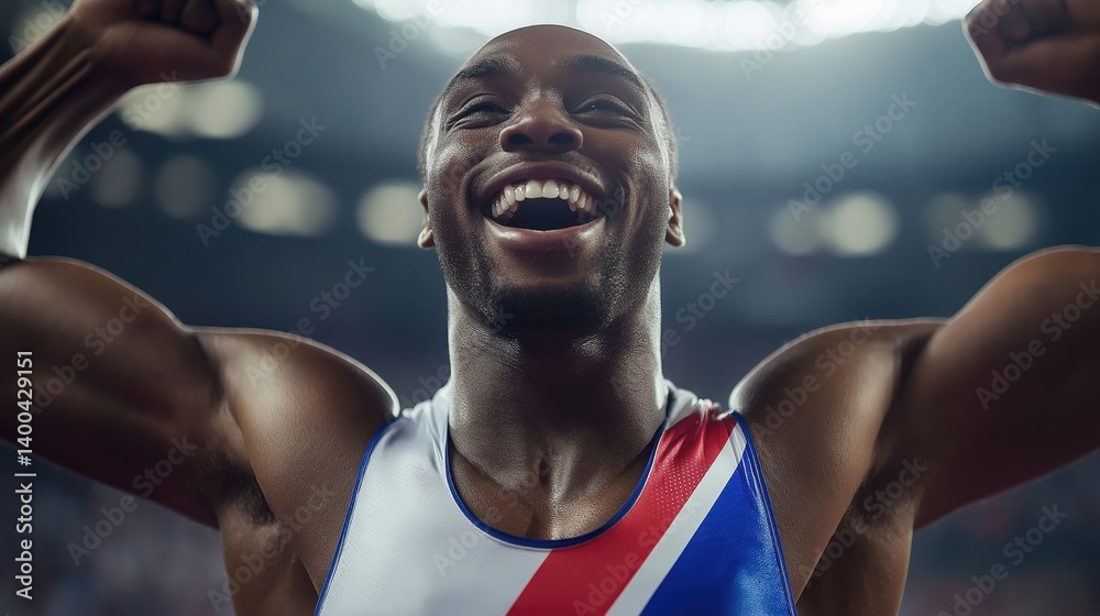 Happy African-American man, athlete with muscular body raising fists upwards in moment of success. Concept of sport, emotions, championship, victory moment