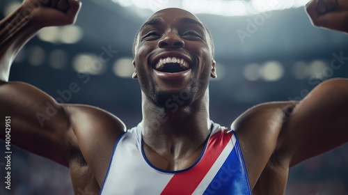 Obraz na płótnie Happy African-American man, athlete with muscular body raising fists upwards in moment of success. Concept of sport, emotions, championship, victory moment w salonie