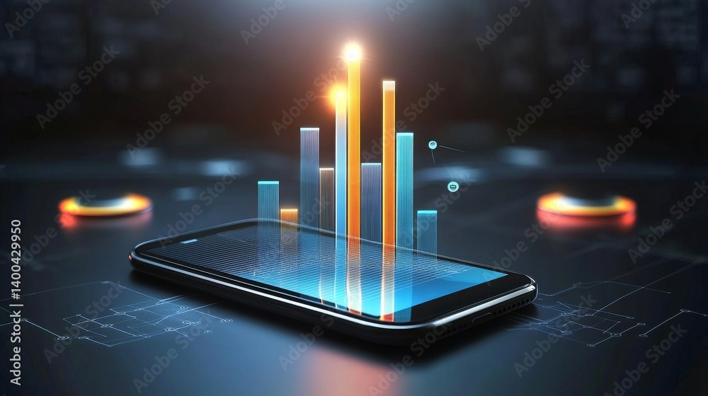 Creative smartphone display showcasing AI technology and data visualization in a futuristic setting