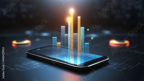 Obraz na płótnie Creative smartphone display showcasing AI technology and data visualization in a futuristic setting w salonie