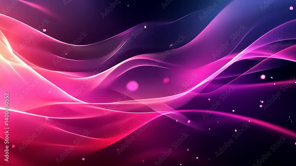 Glowing magenta and pink abstract waves move with sparkling, delicate dots on a dark background