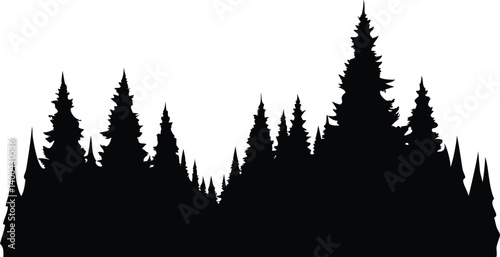 Silhouette of Pine Trees Forest Vector, Evergreen Conifers with Transparent Background