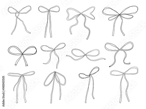 Hand Drawn Ribbon Bow Minimal Line Style. A collection of 12 hand drawn ribbon bows featuring delicate loops long tails and charming contours perfect for elegant decoration and feminine design element