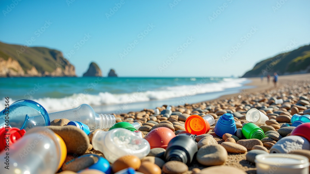 A polluted beach full of plastic waste A polluted beach full of plastic waste